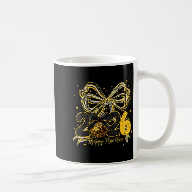 Happy New Year Cute Gold Disco Ball Bow New Year's Coffee Mug (Right)