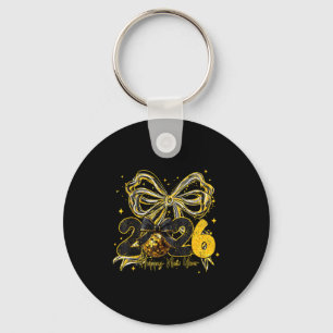 Happy New Year Cute Gold Disco Ball Bow New Year's Keychain