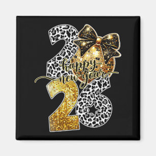 Happy New Year Cute Gold Disco Ball Bow New Year's Magnet