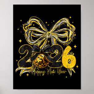 Happy New Year Cute Gold Disco Ball Bow New Year's Poster