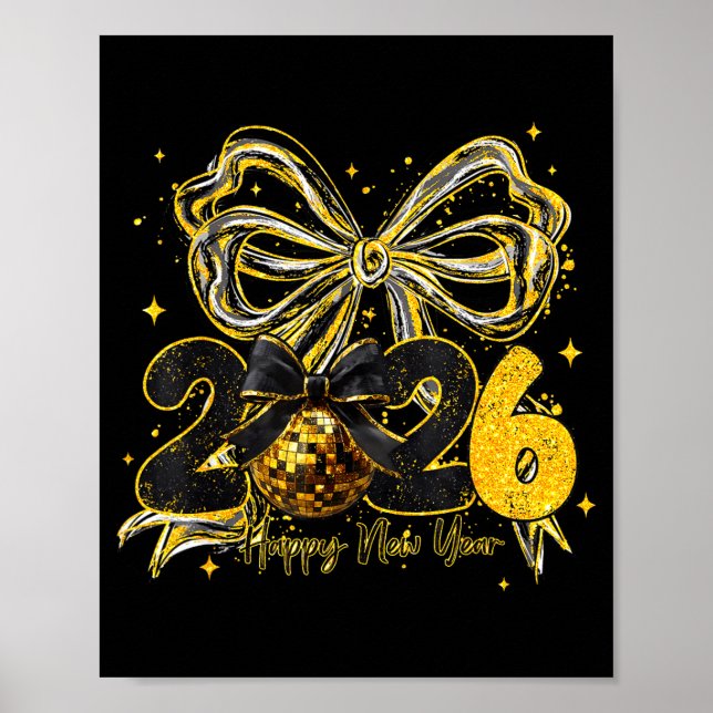 Happy New Year Cute Gold Disco Ball Bow New Year's Poster (Front)