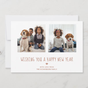 Happy New Year Cute Rose Gold Two Photo Holiday Card