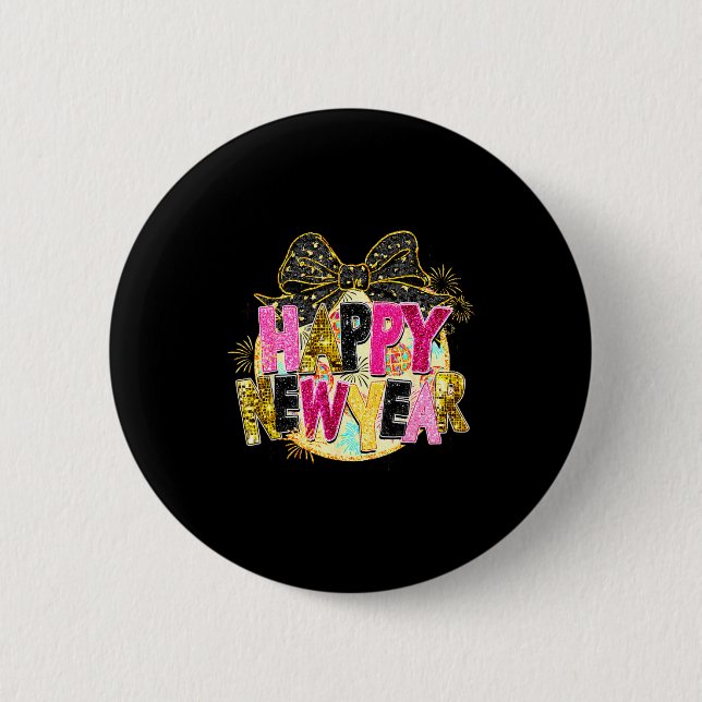 Happy New Year Disco Ball Coquette Bow New Years E 2 Inch Round Button (Front)