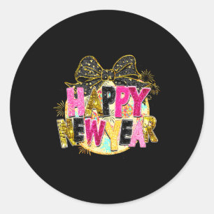 Happy New Year Disco Ball Coquette Bow New Years E Classic Round Sticker