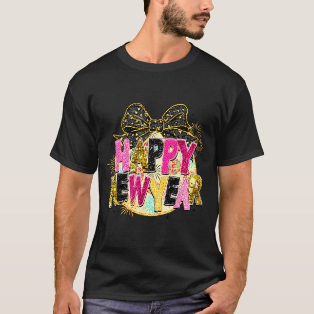 Happy New Year Disco Ball Coquette Bow New Years E T-Shirt (Front)