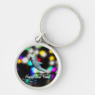 Happy New Year Dolphin and Fireworks Keychain