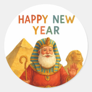 Happy New Year Egyptian Santa Pharaoh Funny art Classic Round Sticker