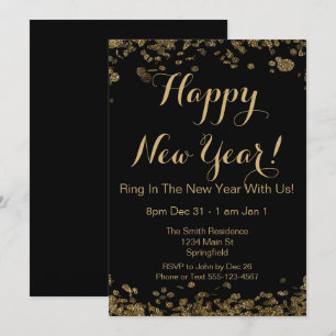 Happy New Year Elegant Black and Gold Confetti Invitation