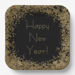 Happy New Year Elegant Black and Gold Glitter Paper Plate