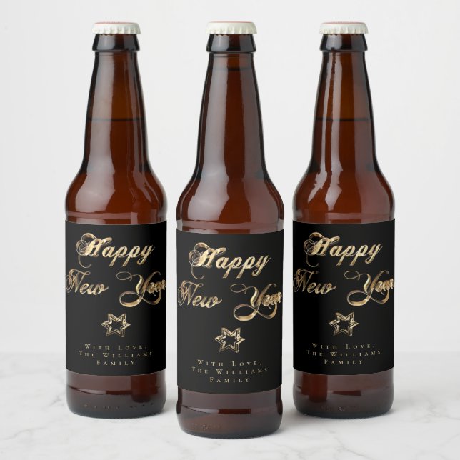 Happy New Year Elegant Black and Gold Look Star Beer Bottle Label (Bottles)