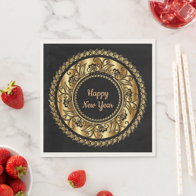 Happy New Year, elegant black and gold, Napkin (Insitu)