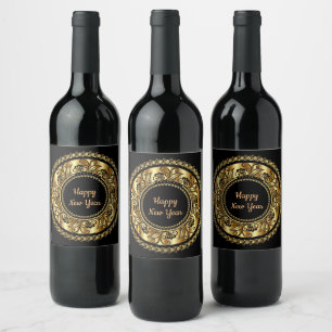Happy New Year, elegant black and gold, Wine Label