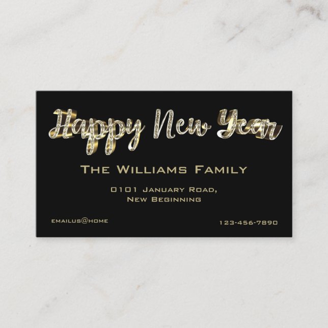 Happy New Year Elegant Chic Black and Gold Script Business Card (Front)