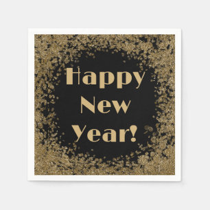 Happy New Year Elegant Gold and Black Glitter Napkin