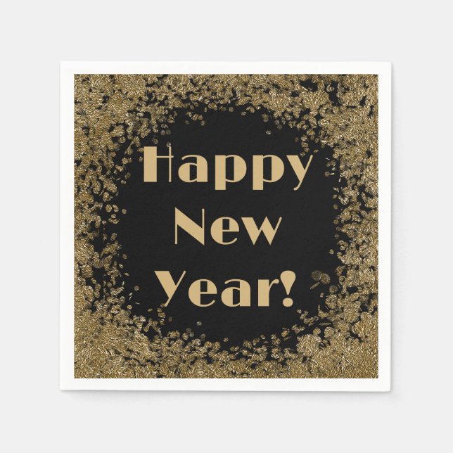 Happy New Year Elegant Gold and Black Glitter Napkin (Front)