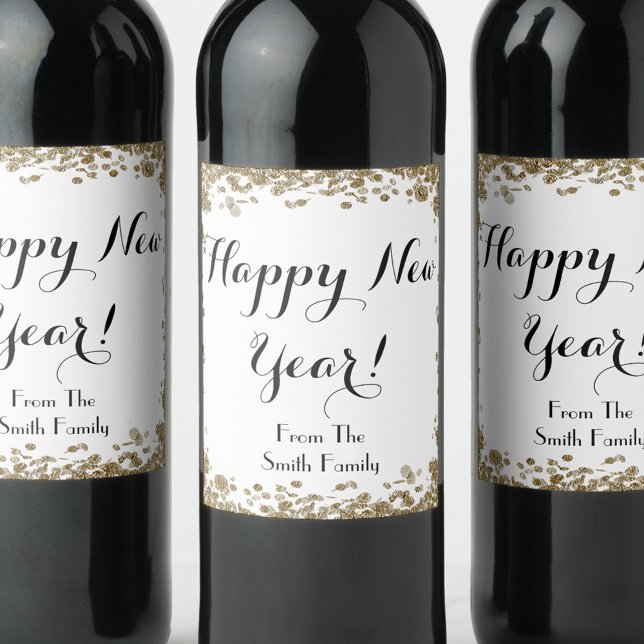 Happy New Year Elegant Gold and White Wine Label (Creator Uploaded)