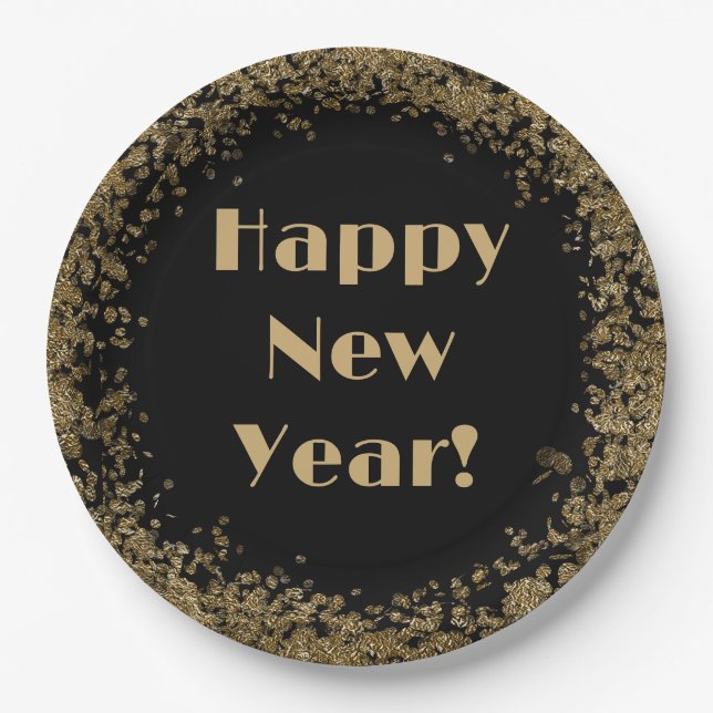 Happy New Year Elegant Gold Glitter and Black Paper Plate (Front)