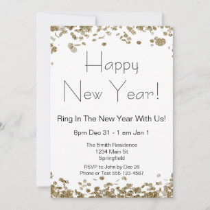 Happy New Year Elegant Gold Glitter and White  Invitation