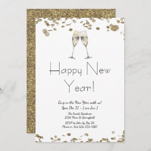 Happy New Year Elegant Gold Glitter and White  Invitation