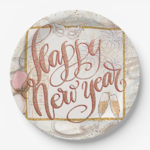 Happy New Year Elegant Rose Gold Script Paper Plate