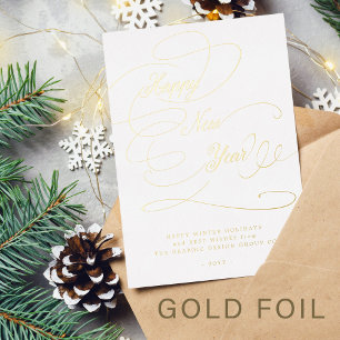 Happy New Year elegant script business corporate Foil Holiday Card