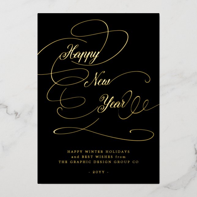 Happy New Year elegant script business corporate Foil Holiday Card (Front)