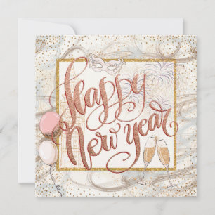 Happy New Year Elegant Script Champagne Balloons Holiday Card