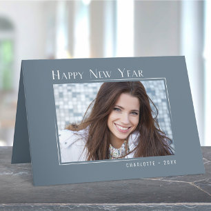 Happy New Year Elegant Simple Slate Blue Photo Holiday Card