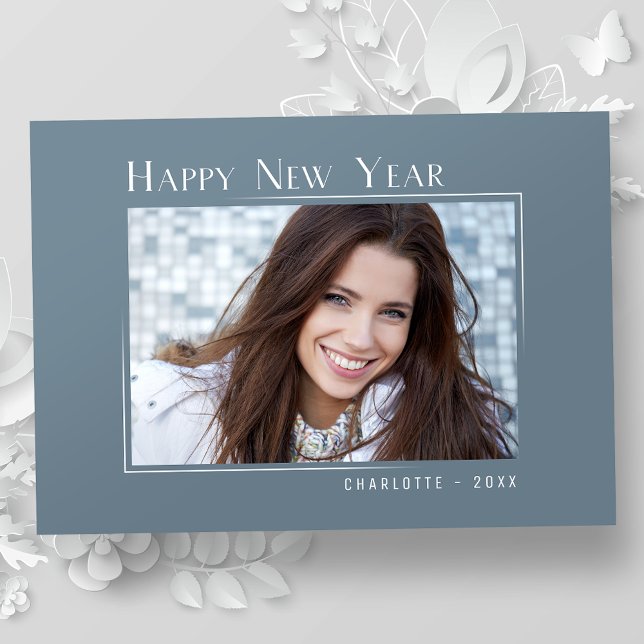 Happy New Year Elegant Simple Slate Blue Photo Holiday Card (Available in high quality print or digital download for quick text messaging, email or self print.)
