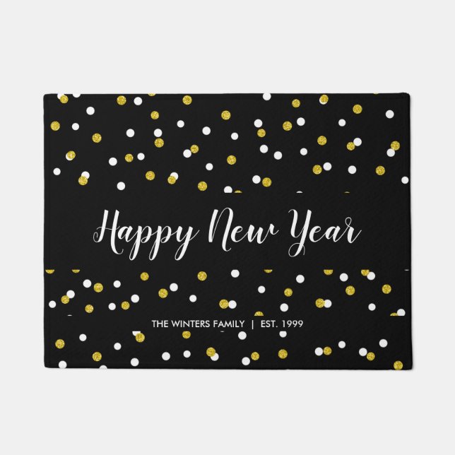 Happy New Year + family name, gold black confetti Doormat (Front)