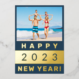 Happy New Year Family Photo in Blue and Gold Foil Holiday Card