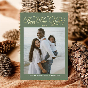 Happy New Year Family Sage Green 4 Photo Collage Foil Holiday Card