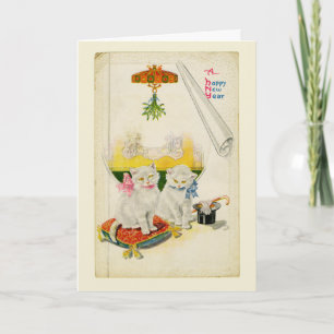 Happy New Year Fancy White Cat Vintage Card