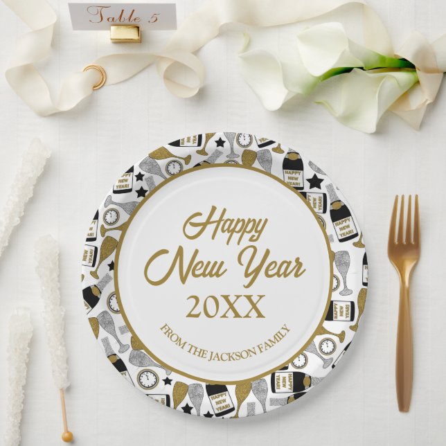 Happy New Year Faux Glitter Personalized Paper Plate (Wedding)