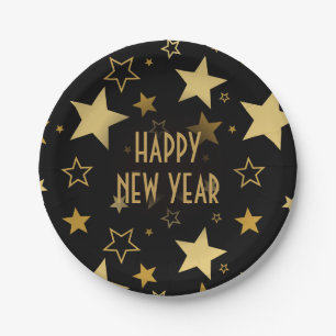 Happy New Year faux golden stars Paper Plate
