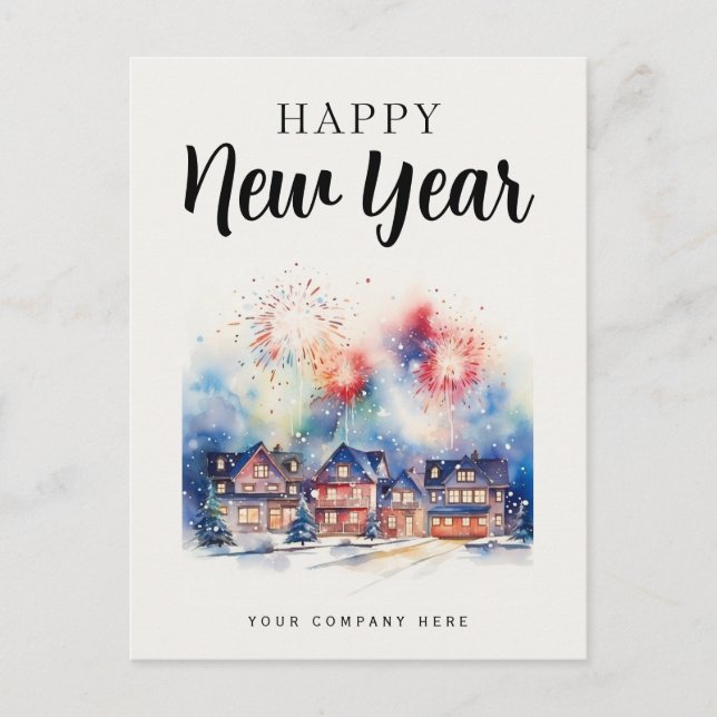 Happy New Year Festive House Fireworks Realty  Holiday Postcard (Front)