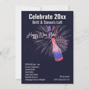 Happy New Year Firework Champagne Celebration Menu Invitation