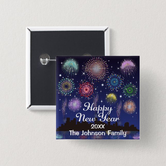 Happy New Year Fireworks 2 Inch Square Button (Front & Back)