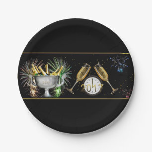 Happy New Year Fireworks and Champagne Paper Plate