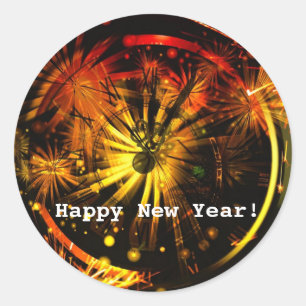 Happy New Year! Fireworks and Clock  Classic Round Sticker