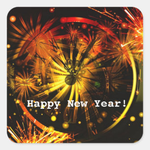 Happy New Year! Fireworks and Clock Square Sticker
