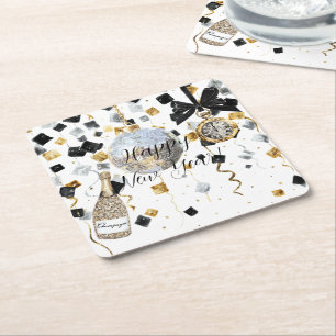 Happy New Year Fireworks Ball Black Gold Confetti Square Paper Coaster