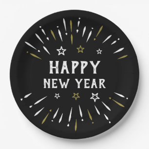 Happy New Year Fireworks Black White Gold Stars Paper Plate