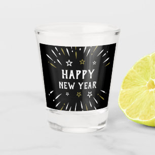 Happy New Year Fireworks Black White Gold Stars Shot Glass