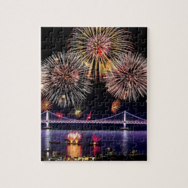Happy New Year Fireworks By Bridge in City Jigsaw Puzzle (Vertical)