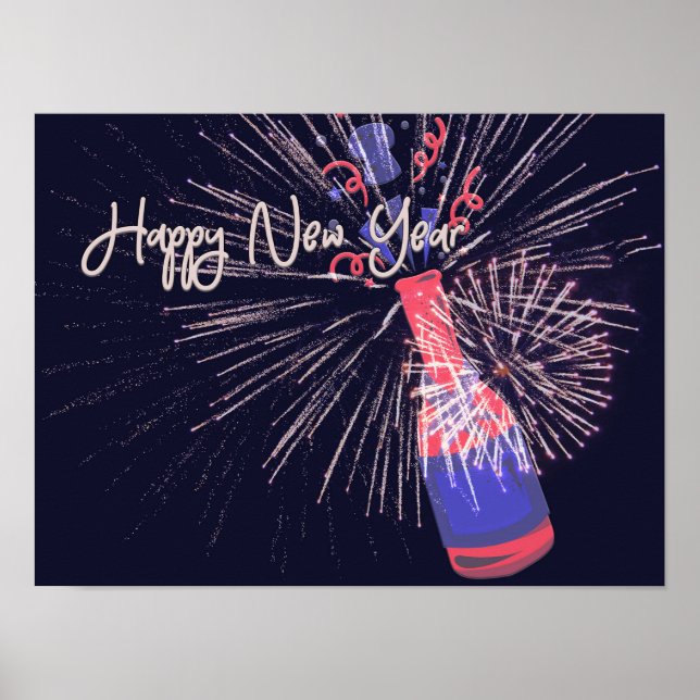 Happy New Year Fireworks Champagne Poster (Front)