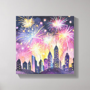 Happy New Year Fireworks City Night Watercolor Canvas Print
