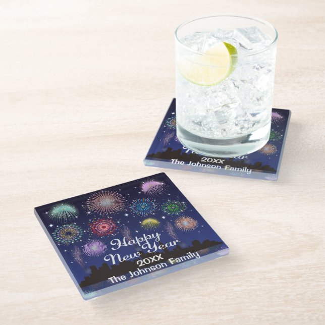 Happy New Year Fireworks Glass Coaster (Angled)