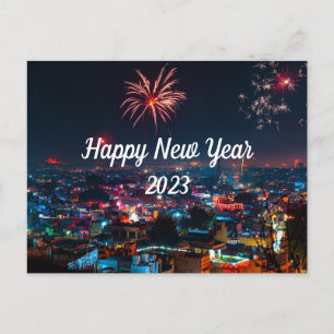 Happy New Year Fireworks in the City Postcard