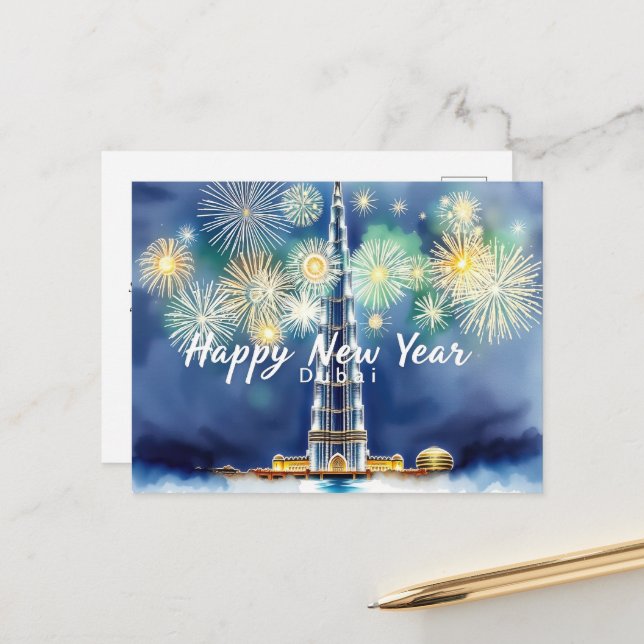 Happy New Year Fireworks Over Dubais Skyline Postcard (Front/Back In Situ)
